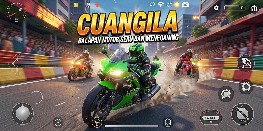 Screenshot utama CUANGILA menampilkan aksi balapan motor yang intens dan mendebarkan.