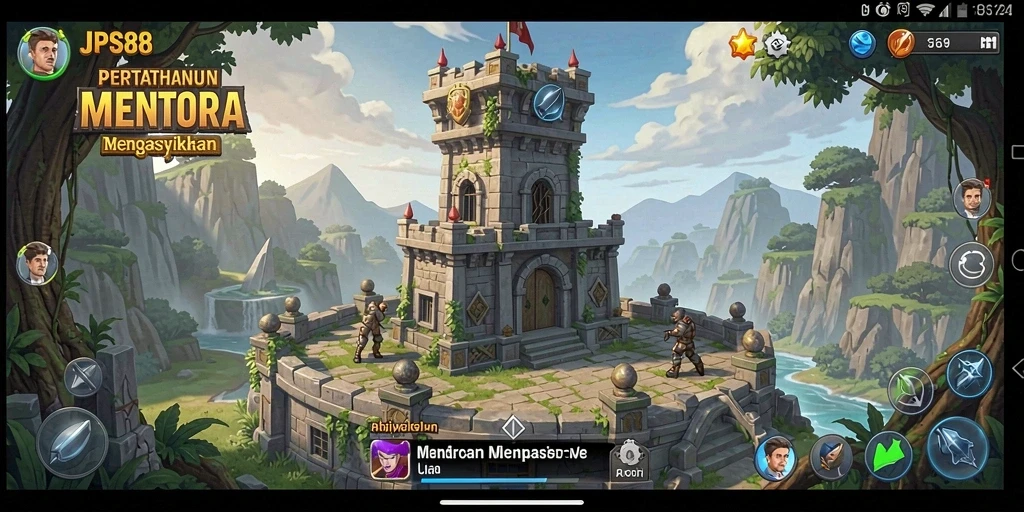 Screenshot menampilkan menara bertempur melawan gelombang musuh di JPS88.