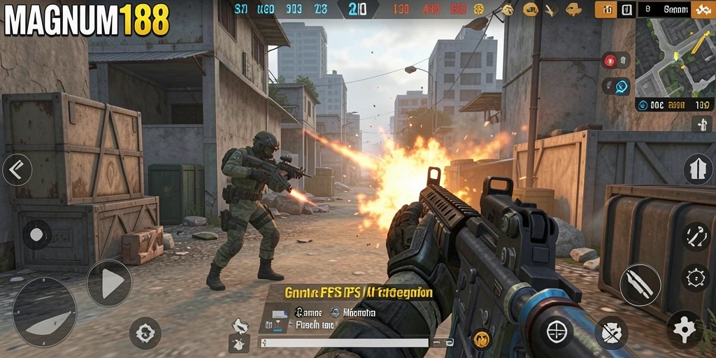 Tampilan dinamis gameplay MAGNUM188 dengan aksi tembak-menembak yang intens.