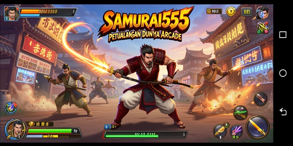 Screenshot gameplay SAMURAI555 menunjukkan aksi seru dalam pertempuran arcade.