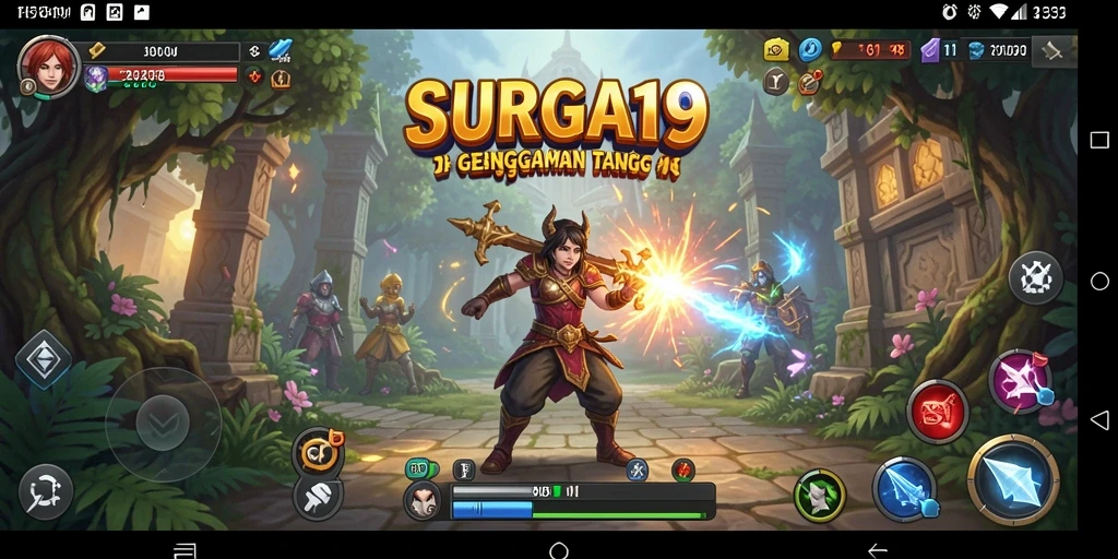 Menggambarkan tampilan gameplay menarik SURGA19 dengan karakter berinteraksi.